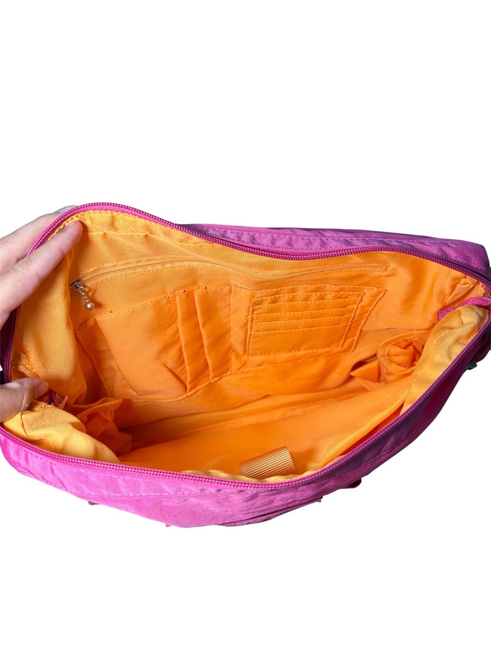 Baggallini Neighborhood Messenger Bag Pink Nylon Crossbody Orange Lining - Picture 7 of 8